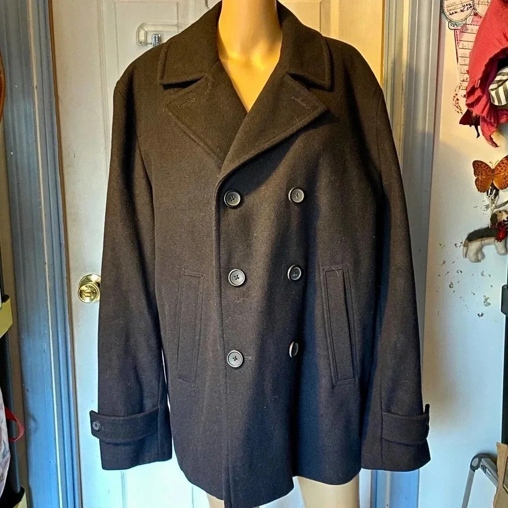 Vintage Liz Claiborne Wool Blend Double Breasted Pea Coat Women L Black Pocket